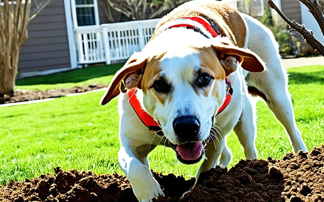 A dog digging a hole in the yard causing destruction and frustration for its owner.